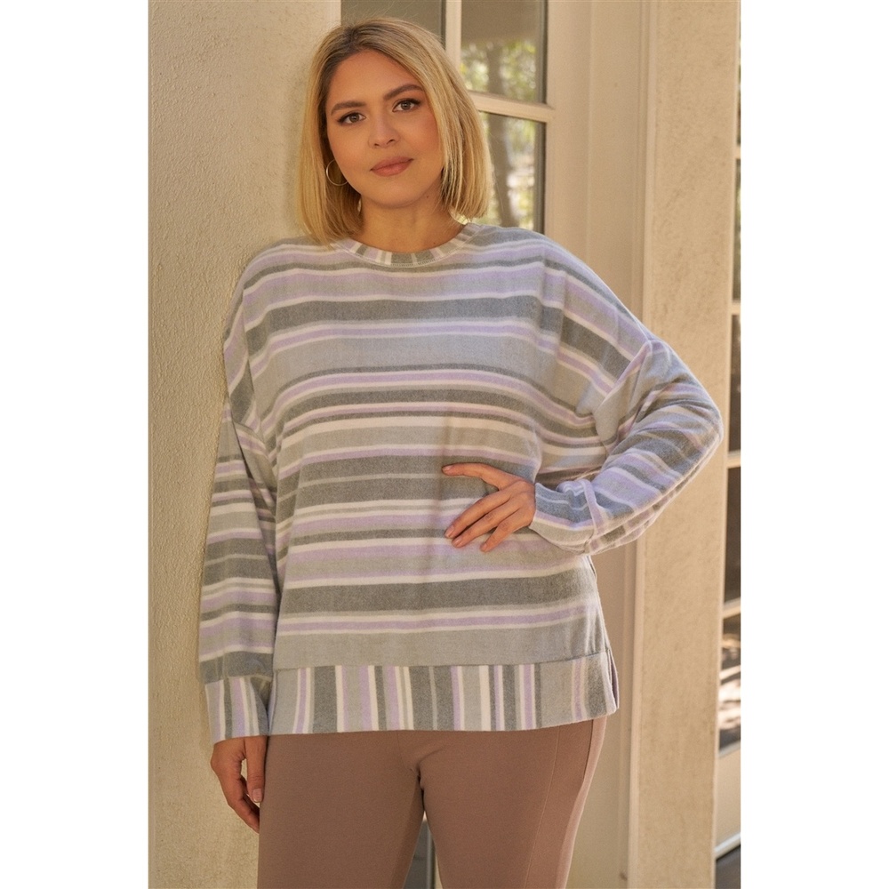 Plus Sage & Lavender Stripped Super Soft Sweatshirt - Picture 2 of 6